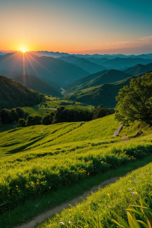Mountain、green、sunset