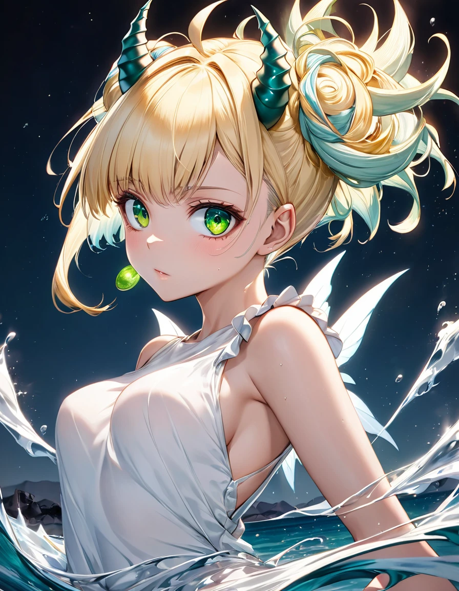 art modern 8k full HD Bulma sexy Sensual meiga moicano espetado hort raspado baixo molhado brilho mechas yelow blood luz hair dragon horns, hair blonde , green Rinnegan eyes fair skin smooth icering no ar, patterned Nordic Angel face tatuagem de fênix em volta dos olhos head raised elegant standing stunning beauty, pure perfection night On the water in, desert depth of field, staring at the camera, two-dimensional desenho a lápis 8b giz de cera em grafite perfeito riscos fortes style