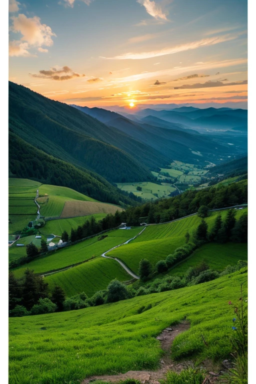 Mountain、green、sunset