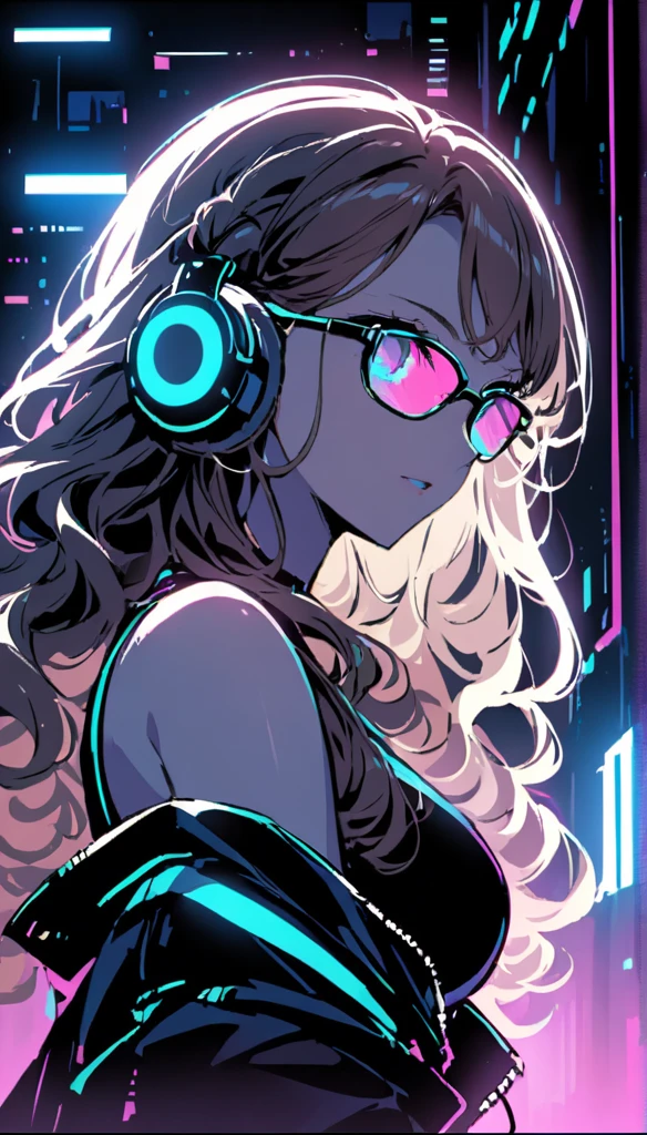 Brown Hair . Beautiful woman with curly hair and sunglasses、Wearing full-sized headphones、Neon glow of neon cyberpunk coordinator at night in a dark room。