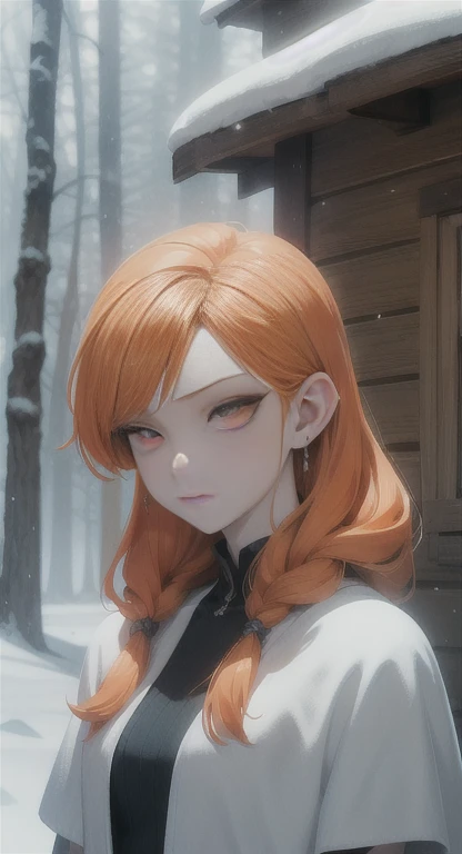 Frozen, misty Forest, ancient being, winter, snow, Hylia, orange hair, pale eyes, eyes in the fog, regal appearance, cabin, look bored,