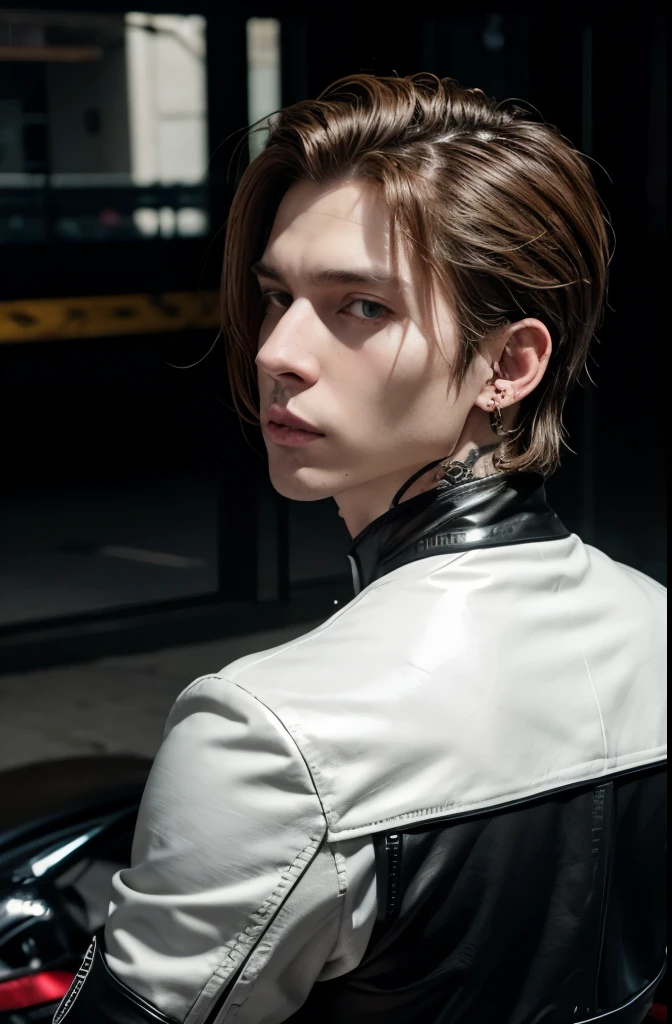 A white man wearing a biker outfit, tattoos and wearing piercings, medium straight hair, caramel brown eyes.