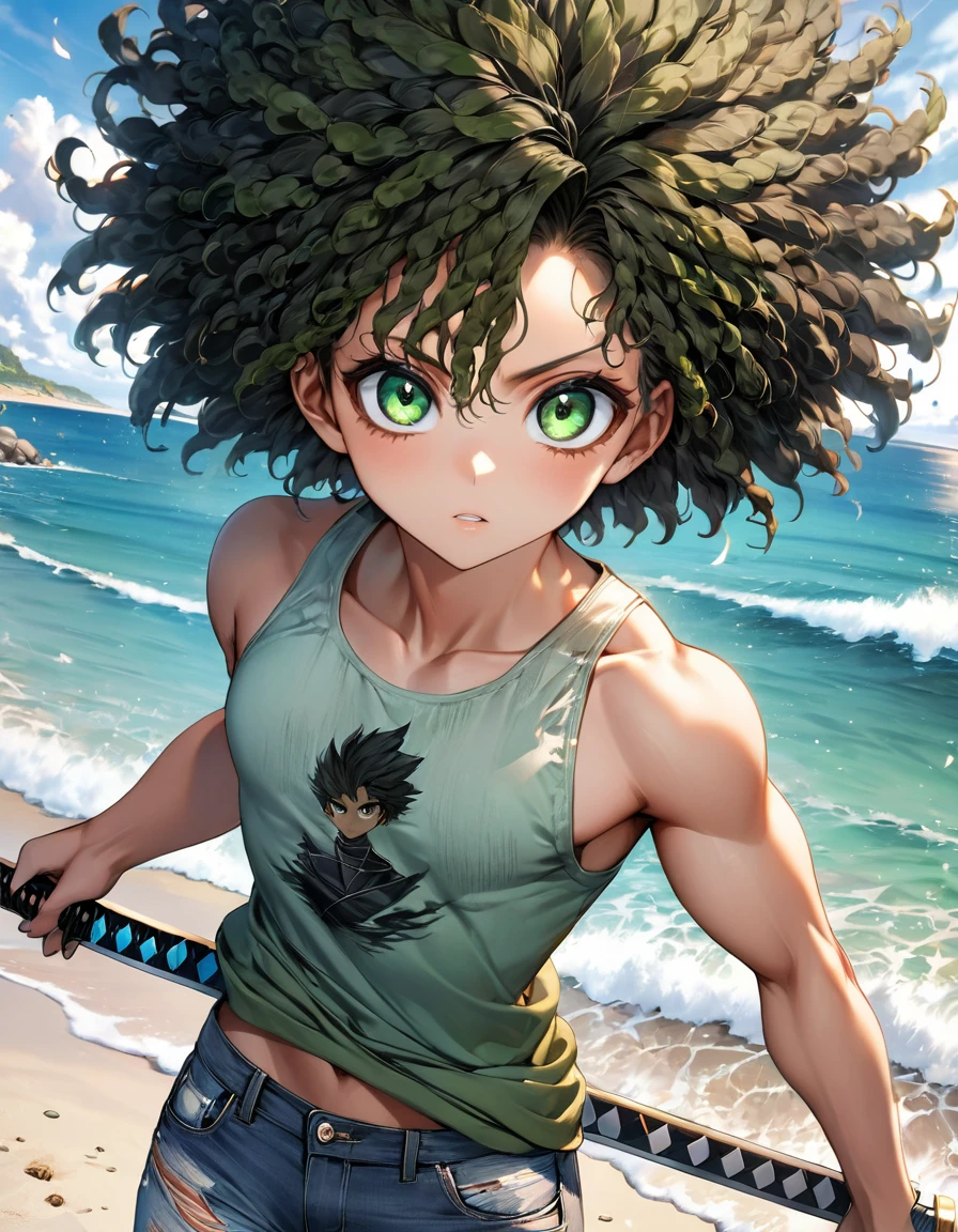 8k full Dd photo realism in anime style 4D Strong features niji5 6B sexy woman with big eyes new 18 years old strong, on a beach using a diamond samurai sword with a light blue tank top and ripped jeans and black flames large green eyes detailed around him as his power an afro descendant mixed with a pure nordic , Mysterious