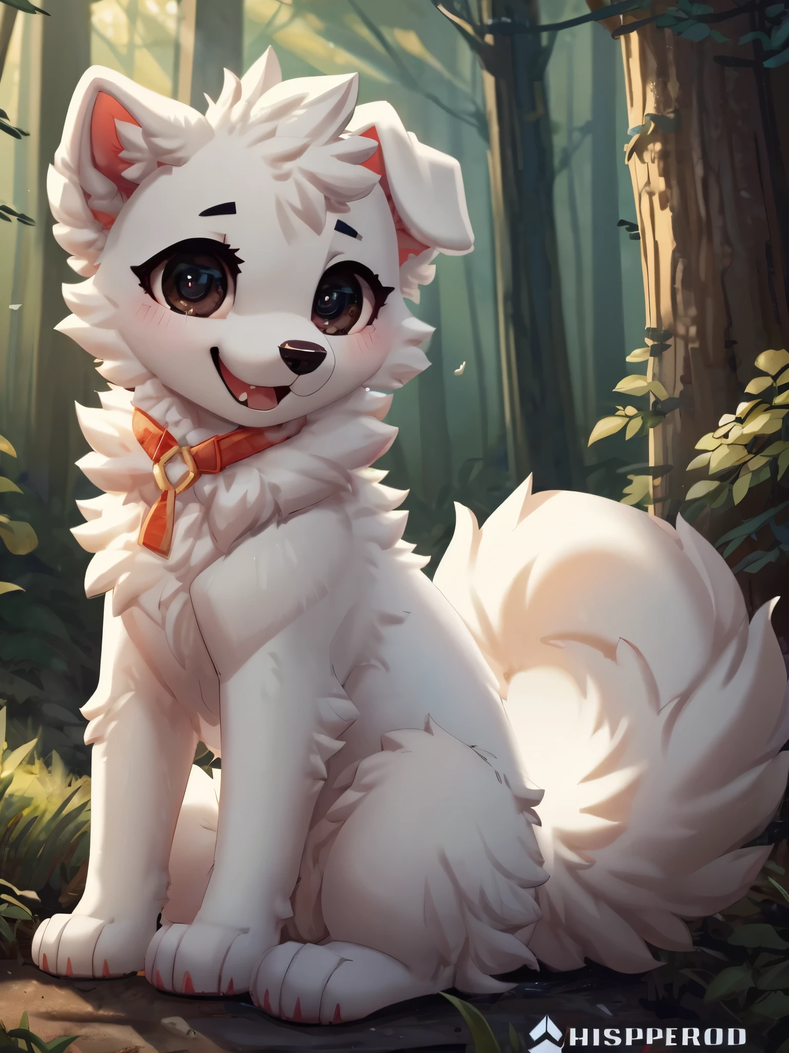 Solo, Cinematic, white young dog, white fur, female, feral, long fluffy tail, happy, sitting, forest background, extremely detailed, beautiful and detailed dilated eyes, black eyes, full body, ((By WhisperFood))
