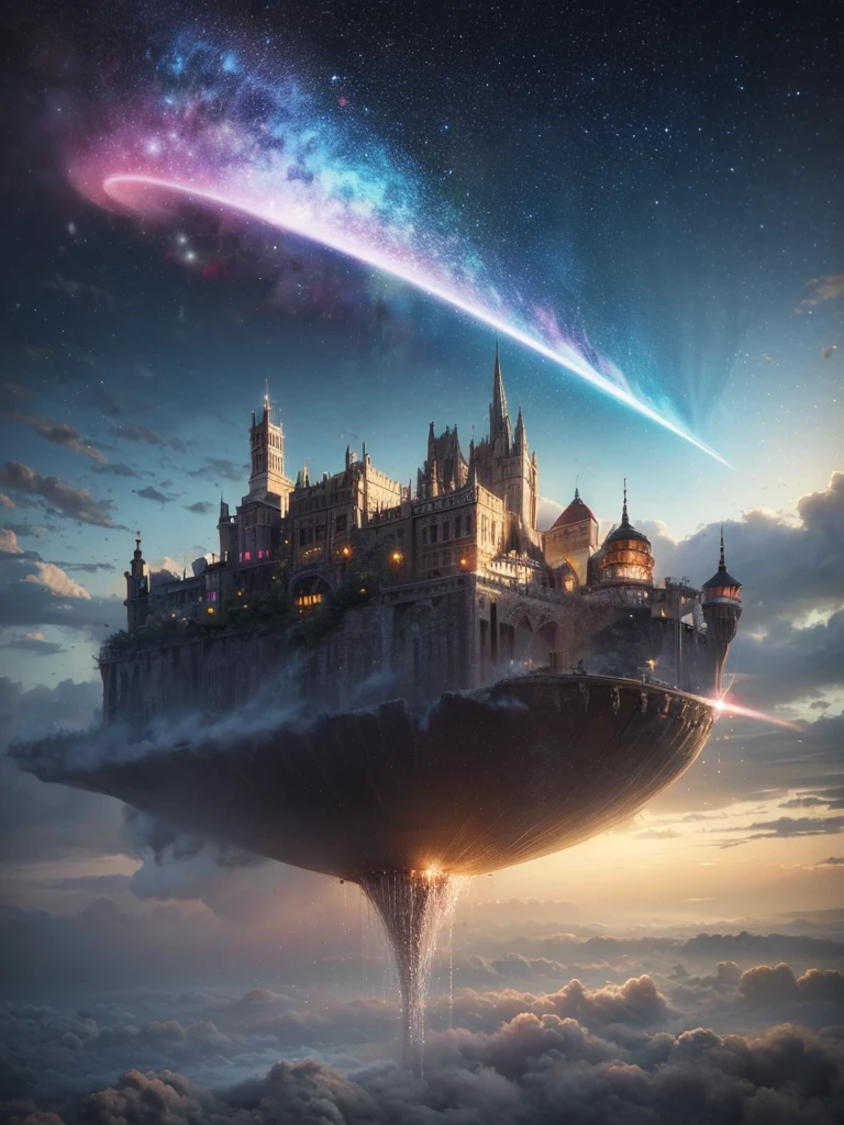 (8k, highest quality, masterpiece, final fantasy style: 1.2), (unRealistic, photoRealistic: 1.37), Dreamy landscape, Fantasy, Unsurreal landscapes, Super detailed, Flying Castle, Floating Island in the Sky, Seven-colored swirl of light, Intense lightning, milky way, Complex Light, Colored light, Large Lake, Starry sky reflected on the lake surface, Countless shining stars, Meteors,  Reflections , (A pillar of light emanated from the ground:1,2),heavenly roses and orchids gardens on the ground , sunset, pink clouds, waterfall in the sky, realistic style, Hyperrealism drawing, a flying pirate spaceship floating at the clouds level, burning skyscrapers, cyborgs, timeless realms, stunning  princess  , floating hair, pink lipstick, cute,  shoulders ,  circlet, sideless, backless, white mage robe, white leotard, pelvic curtain, leaning forward, casting spell, healing light magic effect, in a magical lagoon of the fairyland, crystal clear water surface reflections, sharp focus, looking at viewer, (close-up:0.9), (bright white theme:1.2), (bright white tone:1.2), (deep blue tone:1.3), realistic, Hyperrealism,