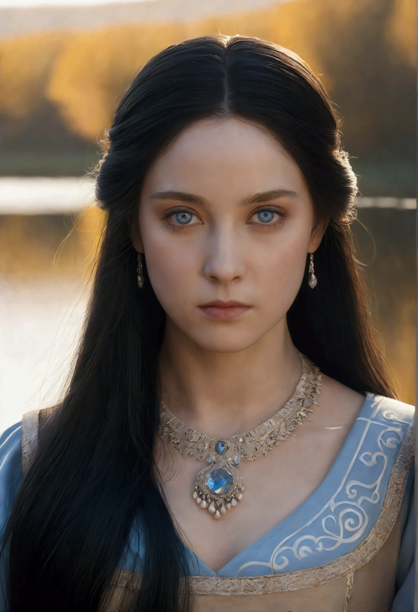 1 girl, serene expression, mesmerizing eyes, straight long black hair, blue eyes, flowing dress, poised posture, porcelain skin, subtle blush, crystal pendant
BREAK
golden hour, (rim lighting):1.2, warm tones, sun flare, soft shadows, vibrant colors, painterly effect, dreamy atmosphere
BREAK
scenic lake, distant mountains, willow tree, calm water, reflection, sunlit clouds, peaceful ambiance, idyllic sunset, ultra detailed, official art, unity 8k wallpaper
, zentangle, mandala