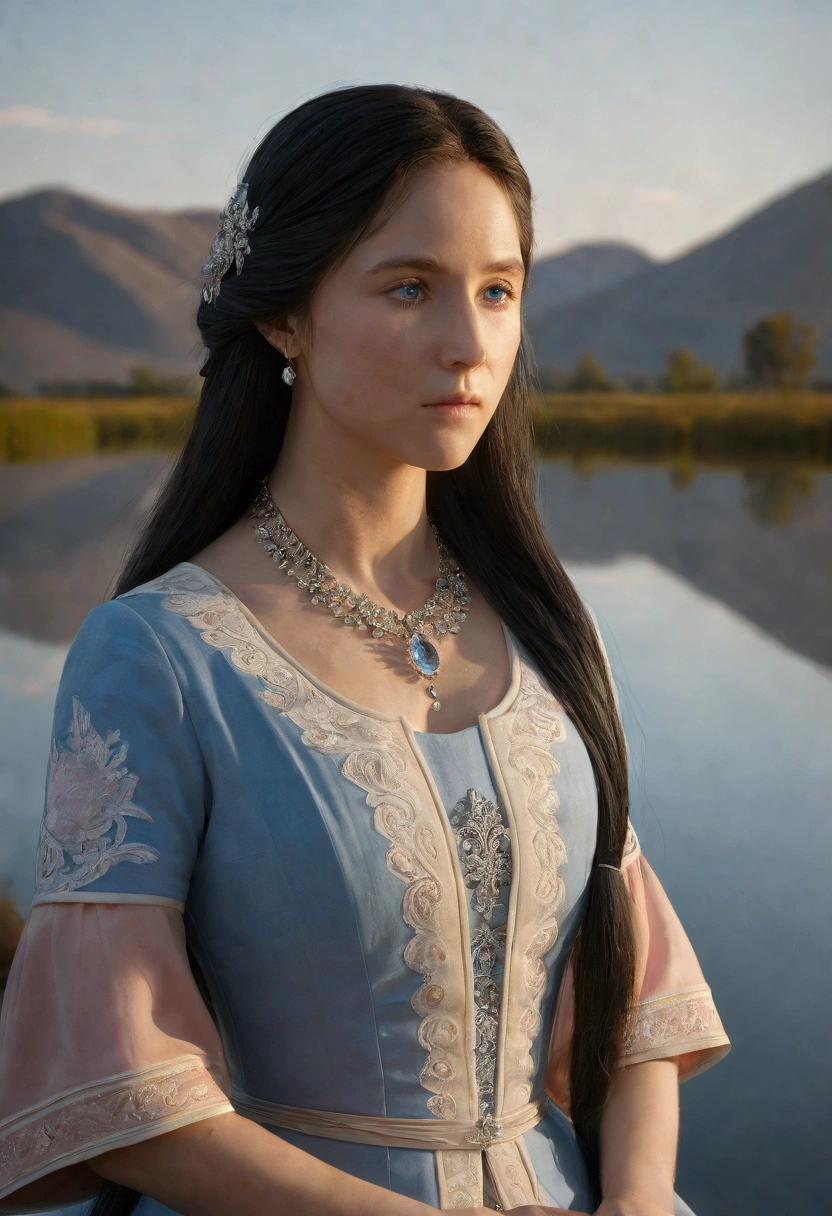 1 girl, serene expression, mesmerizing eyes, straight long black hair, blue eyes, flowing dress, poised posture, porcelain skin, subtle blush, crystal pendant
BREAK
golden hour, (rim lighting):1.2, warm tones, sun flare, soft shadows, vibrant colors, painterly effect, dreamy atmosphere
BREAK
scenic lake, distant mountains, willow tree, calm water, reflection, sunlit clouds, peaceful ambiance, idyllic sunset, ultra detailed, official art, unity 8k wallpaper
, zentangle, mandala