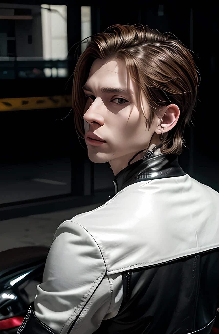 A white man wearing a biker outfit, tattoos and wearing piercings, medium straight hair, caramel brown eyes.