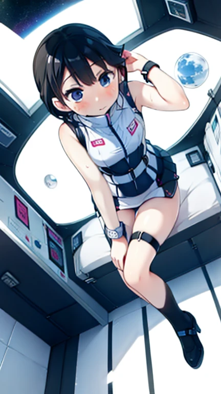 (Highest quality), (masterpiece), 1080P, High resolution, 4K, 8k, Inside the space station、Futuristic room、Thigh straps, Shooting from directly below, The woman on top of me, Nipples, 白いSweat, Covered , Sweat, Woman looking down, Micro Bikini, Skirt swimsuit, Thigh-high socks, To achieve this, , Small breasts, whole body, Black leather shoes, Braided hair, Inner Color, Embarrassed face, Short black hair, bracelet, Bedroom,celestial body_Vest