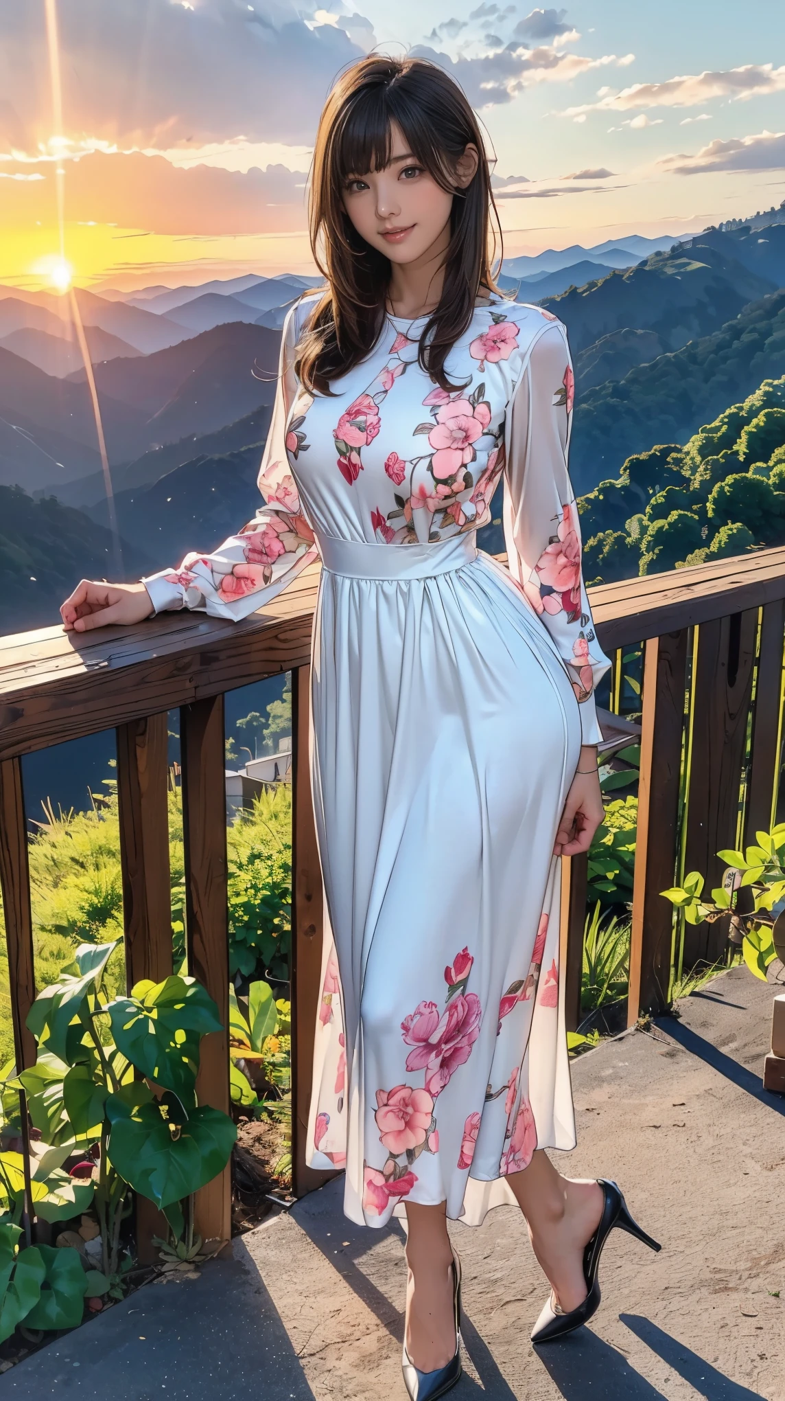 ((masterpiece)),(((Highest quality))),A low-angle shot that highlights beautiful thighs:1.5,Long legs,The best smile:1.5,Slim figure:1.5,whole body:1.5,(One Girl:1.3),(Viewer Display:1.4),(Pointy high heels:1.3),(Standing with legs apart on top of a mountain in the setting sun:1.2),(Wear a long skirt dress with floral or plant patterns:1.2),Curly Hair:1.5,