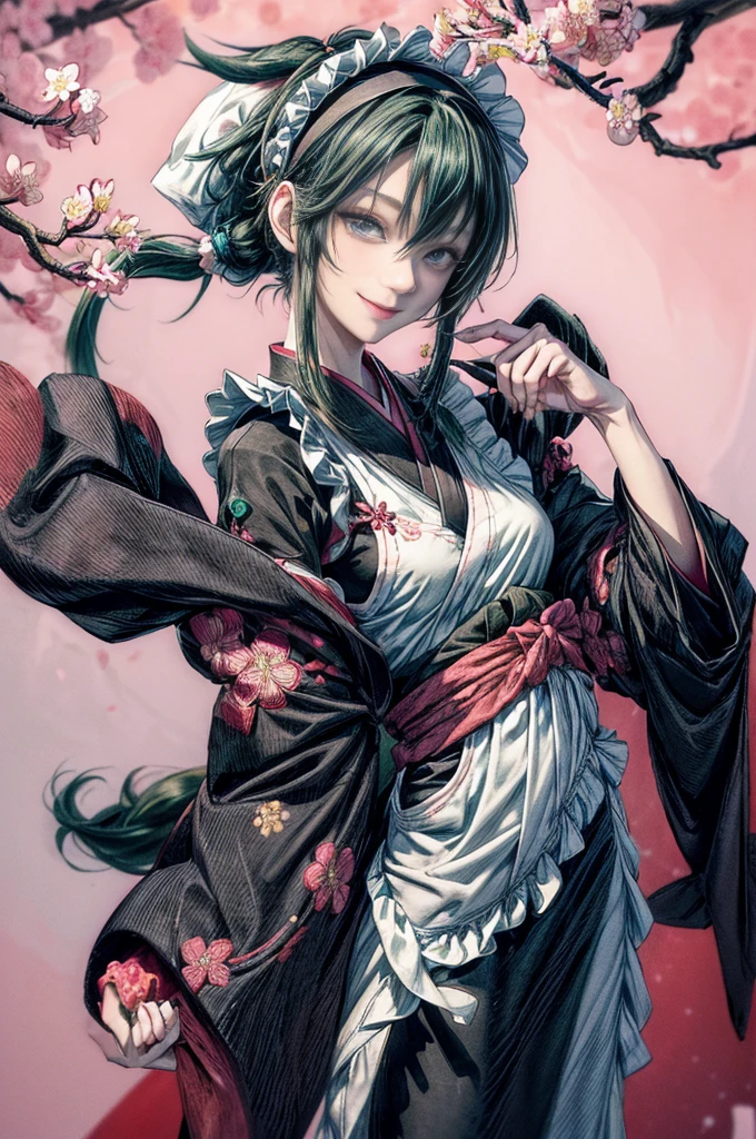 cinematic lighting、highest quality,cyberpunk world、1 female、black theme、(19 year old beauty、small breasts、slender body、blue eyes)(black and green hair、pigtail hairstyle、shoulder length hair:1.2)(Greet with a smile:1.4)、break.(Moss Green Hair)BREAK (fusion of housekeeper costume and black kimono with cherry blossom petal embroidery:1.2), (long kimono sleeve:1.3), BREAK (wearing a white half-apron over a kimono:1.3), ((white brim, maid headband) with ruffles:1.3), BREAK (Japanese clogs geta:1.2),(Highly detailed and accurate hand and foot generation、Removal of excess human body parts:1.4) stand、Morning cherry blossom viewing、(under the cherry tree、park lawn)
