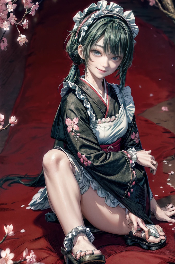 cinematic lighting、highest quality,cyberpunk world、1 female、black theme、(19 year old beauty、small breasts、slender body、blue eyes)(black and green hair、pigtail hairstyle、shoulder length hair:1.2)(Greet with a smile:1.4)、break.(Moss Green Hair)BREAK (fusion of housekeeper costume and black kimono with cherry blossom petal embroidery:1.2), (long kimono sleeve:1.3), BREAK (wearing a white half-apron over a kimono:1.3), ((white brim, maid headband) with ruffles:1.3), BREAK (Japanese clogs geta:1.2),(Highly detailed and accurate hand and foot generation、Removal of excess human body parts:1.4) stand、Morning cherry blossom viewing、(under the cherry tree、park lawn)