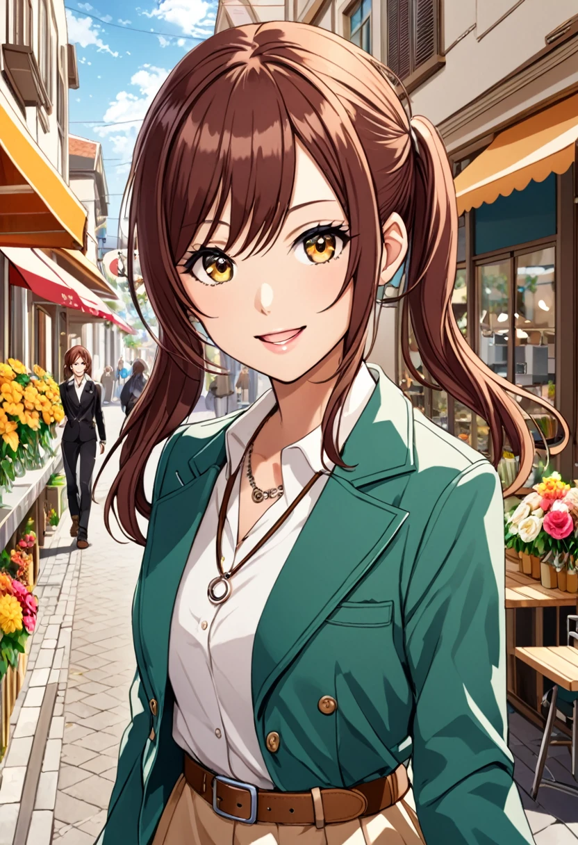 1girl, solo, osaki amana, long hair, jacket, open mouth, nail polish, jewelry, smile, twintails, looking at viewer, scarf, long sleeves, belt, brown hair, bangs, brown eyes, necklace, shirt, black shirt, swept bangs, :d, upper body, open clothes, yellow eyes, osaki amana, (walking in the town:1.5),(outdoor:1.5),(in street:1.5),Cafeteria, Florist, Shoemaker, Florist, tailored jacket,upper body,