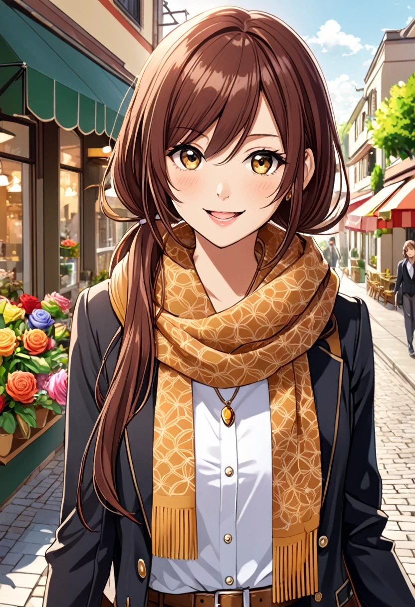 1girl, solo, osaki amana, long hair, jacket, open mouth, nail polish, jewelry, smile, twintails, looking at viewer, scarf, long sleeves, belt, brown hair, bangs, brown eyes, necklace, shirt, black shirt, swept bangs, :d, upper body, open clothes, yellow eyes, osaki amana, (walking in the town:1.5),(outdoor:1.5),(in street:1.5),Cafeteria, Florist, Shoemaker, Florist, tailored jacket,upper body,