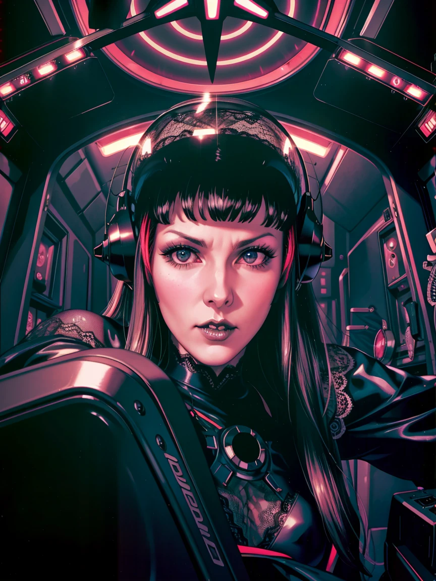 (((gothic vampire piloting) in gothic spacecraft)), (((retro anime))), ((from below)), ((fisheye-view)), ((((gothic)) control panels)), (((mature))), (((gothic))), (iridescent) bodysuit, ((((lace accessories)))), ((pilot seat)), ((((lying back)) pose)), (((elegant))), (((serious tone))), ((cockpit top control panel)), intricate control panel details, close-up, 1990s (style), masterpiece, ((claustrophobic)), best quality, screens, ((pilot helmet)), night, ((low key light)), (colorful cockpit lights), sparkles, (dramatic lighting), sweat, [blushing], [[pointy ears]], (realistic), (dark background)