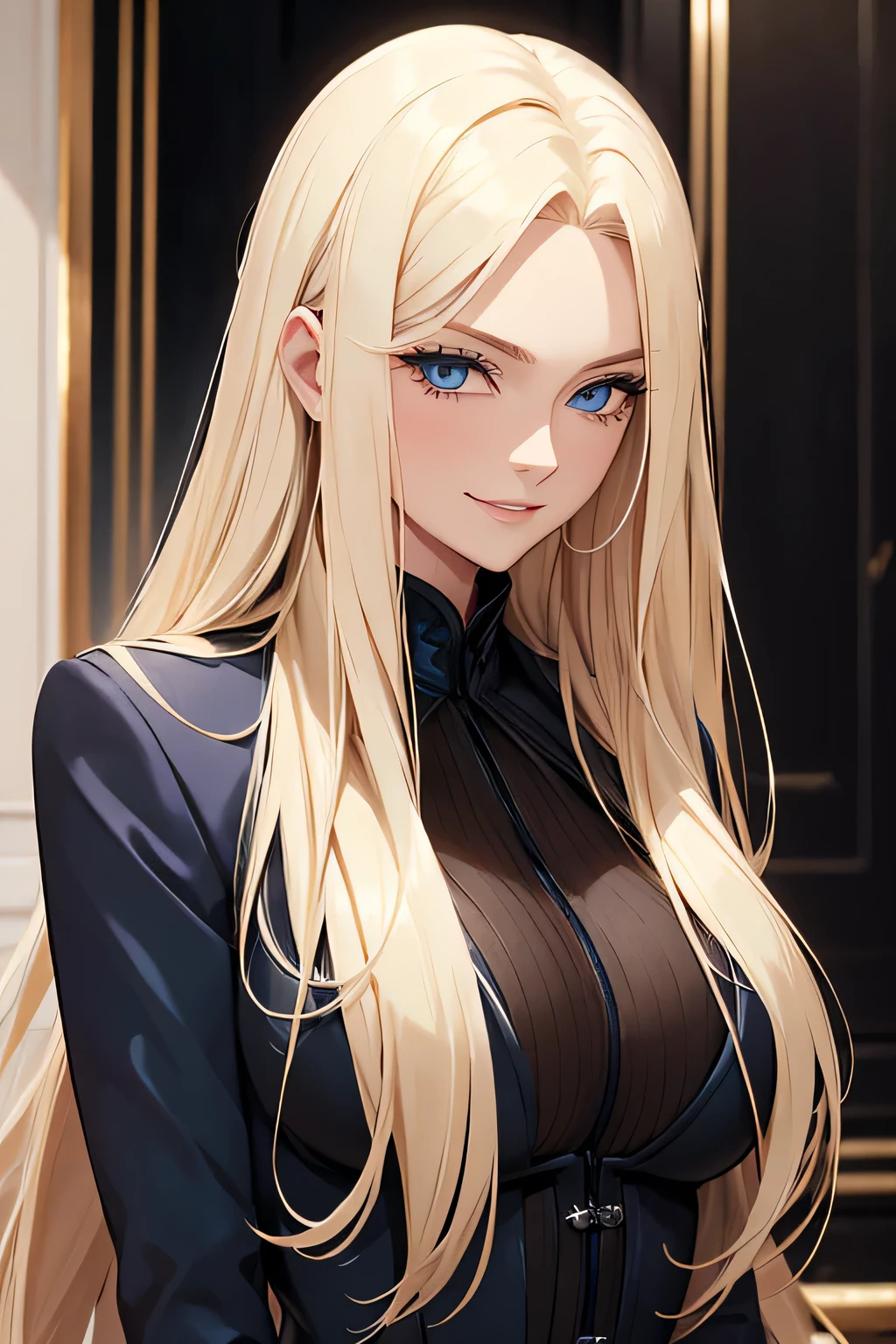 woman, 30 years, blond, long hair, blue eyes, luxurious clothes, evil laughing, using black suit.