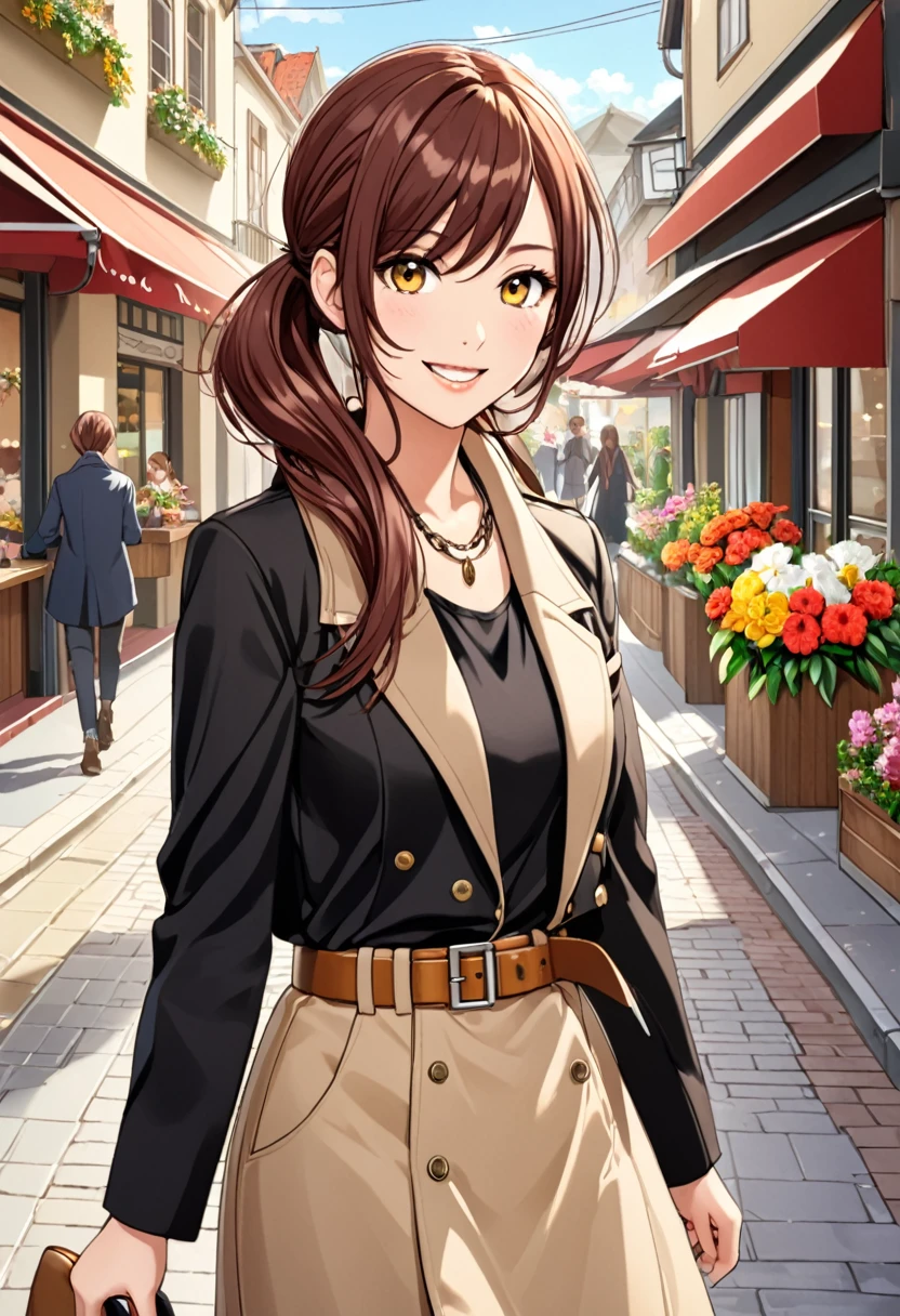 1girl, solo, osaki amana, long hair, jacket, open mouth, nail polish, jewelry, smile, twintails, looking at viewer, scarf, long sleeves, belt, brown hair, bangs, brown eyes, necklace, shirt, black shirt, swept bangs, :d, upper body, open clothes, yellow eyes, osaki amana, (walking in the town:1.5),(outdoor:1.5),(in street:1.5),Cafeteria, Florist, Shoemaker, Florist, tailored jacket,upper body,