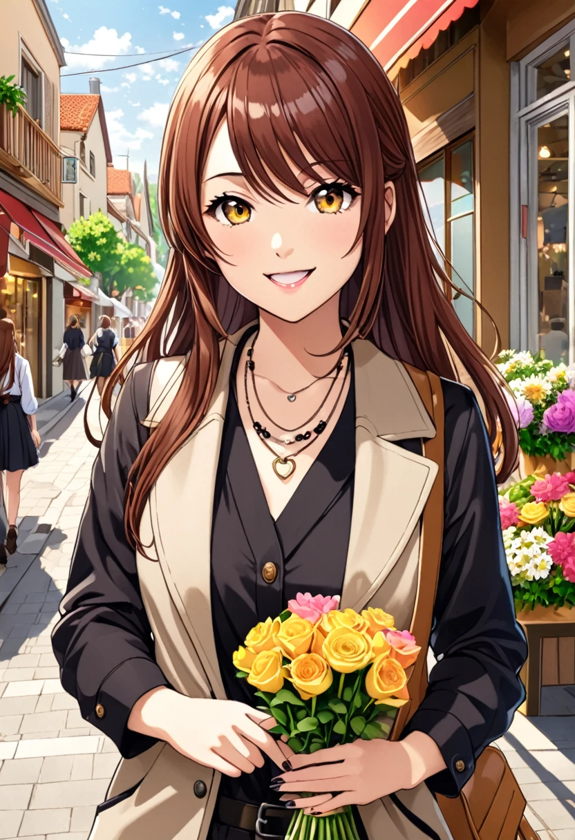 1girl, solo, osaki amana, long hair, jacket, open mouth, nail polish, jewelry, smile, twintails, looking at viewer, scarf, long sleeves, belt, brown hair, bangs, brown eyes, necklace, shirt, black shirt, swept bangs, :d, upper body, open clothes, yellow eyes, osaki amana,  (walking in the town:1.5),(outdoor:1.5),(in street:1.5),Cafeteria, Florist, Shoemaker, Florist, tailored jacket,upper body,