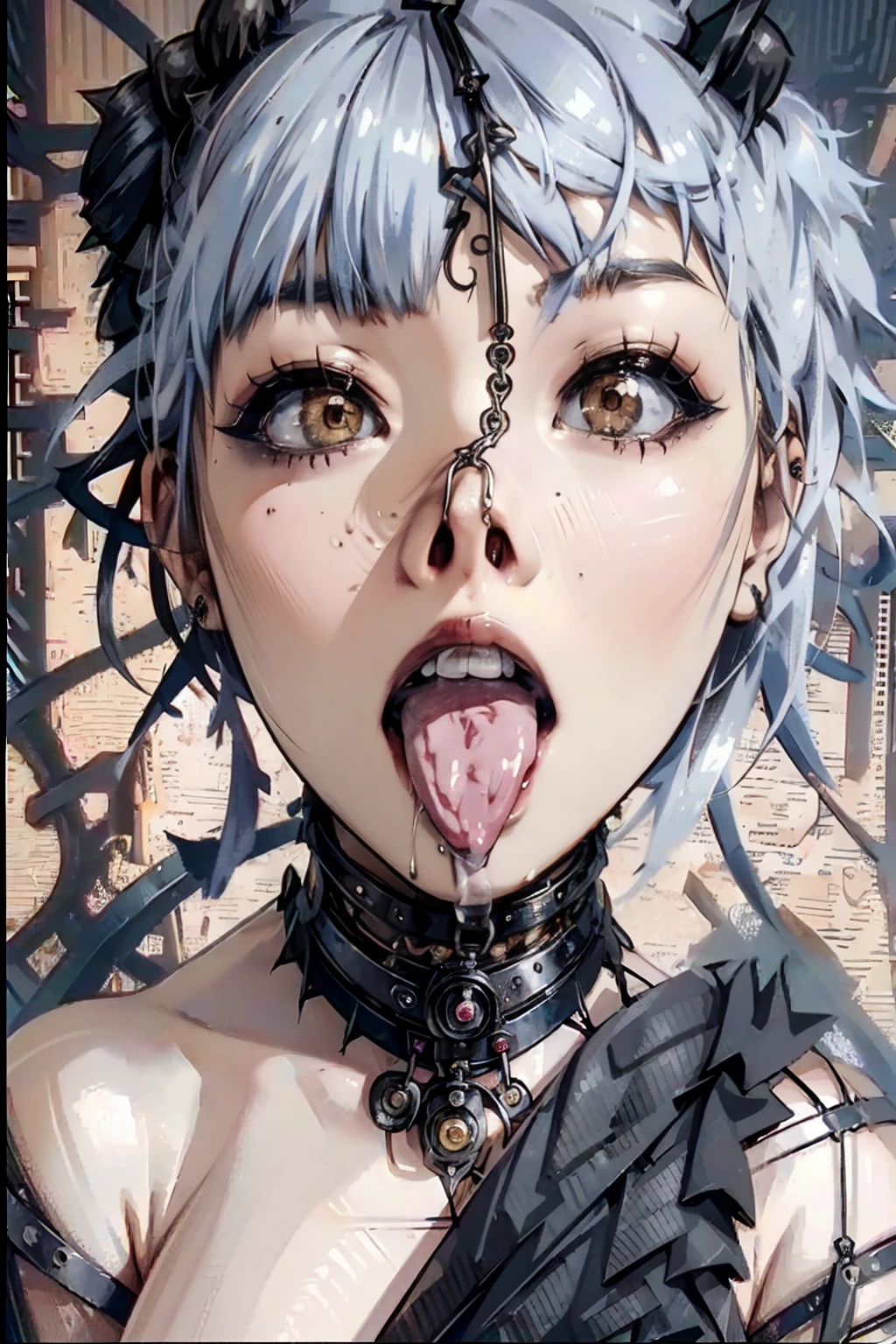 masterpiece, Highest quality, (Face close-up, Sticking out a long tongue, Ahegao:1.3), beautiful girl, happiness, smile, Beautiful and detailed, Narrow eyes, Dark Eyes, amount, Thin eyebrows, Eyelash extensions, (Silver Hair, Wavy bristles, Short Hair:1.3), Gal Makeup, (Nose hook:1.3), (nude, Completely naked:1.3), (Steampunk background:1.3), (Drooling:1.3)