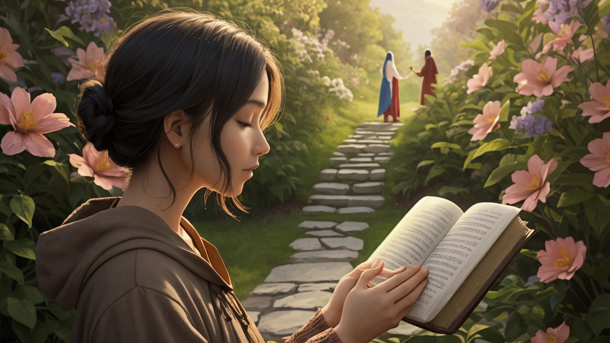 "Description: Illustrate the transformative effect of understanding and applying biblical prophecies in our daily lives. Show individuals reflecting on their personal growth and spiritual journey. Details: Imagery: Depict scenes of individuals in moments of reflection, personal growth, and connection with others. This might include a person praying, studying scriptures, or interacting positively within their community. Color Scheme: Use warm and uplifting colors to convey a sense of personal and spiritual enrichment. Background Elements: Incorporate elements like a serene setting, symbolic representations of growth (e.g., blooming flowers, ascending pathways), or supportive interactions to emphasize the positive impact on individual lives."