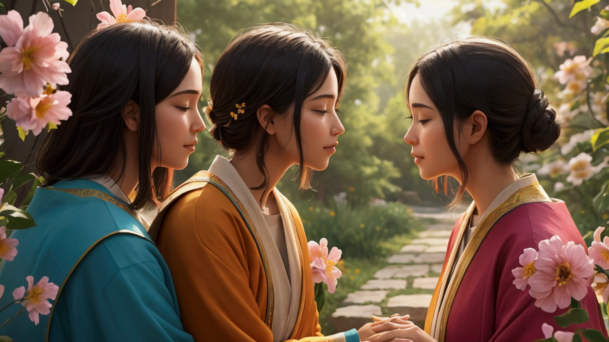 "Description: Illustrate the transformative effect of understanding and applying biblical prophecies in our daily lives. Show individuals reflecting on their personal growth and spiritual journey. Details: Imagery: Depict scenes of individuals in moments of reflection, personal growth, and connection with others. This might include a person praying, studying scriptures, or interacting positively within their community. Color Scheme: Use warm and uplifting colors to convey a sense of personal and spiritual enrichment. Background Elements: Incorporate elements like a serene setting, symbolic representations of growth (e.g., blooming flowers, ascending pathways), or supportive interactions to emphasize the positive impact on individual lives."