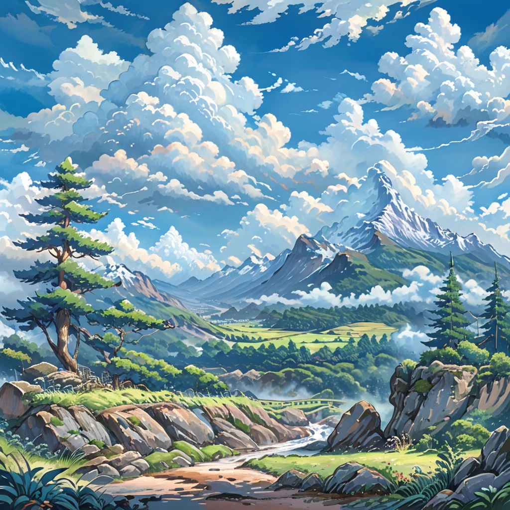 sketch, big clouds, blue sky, anime landscape, mountains, tress