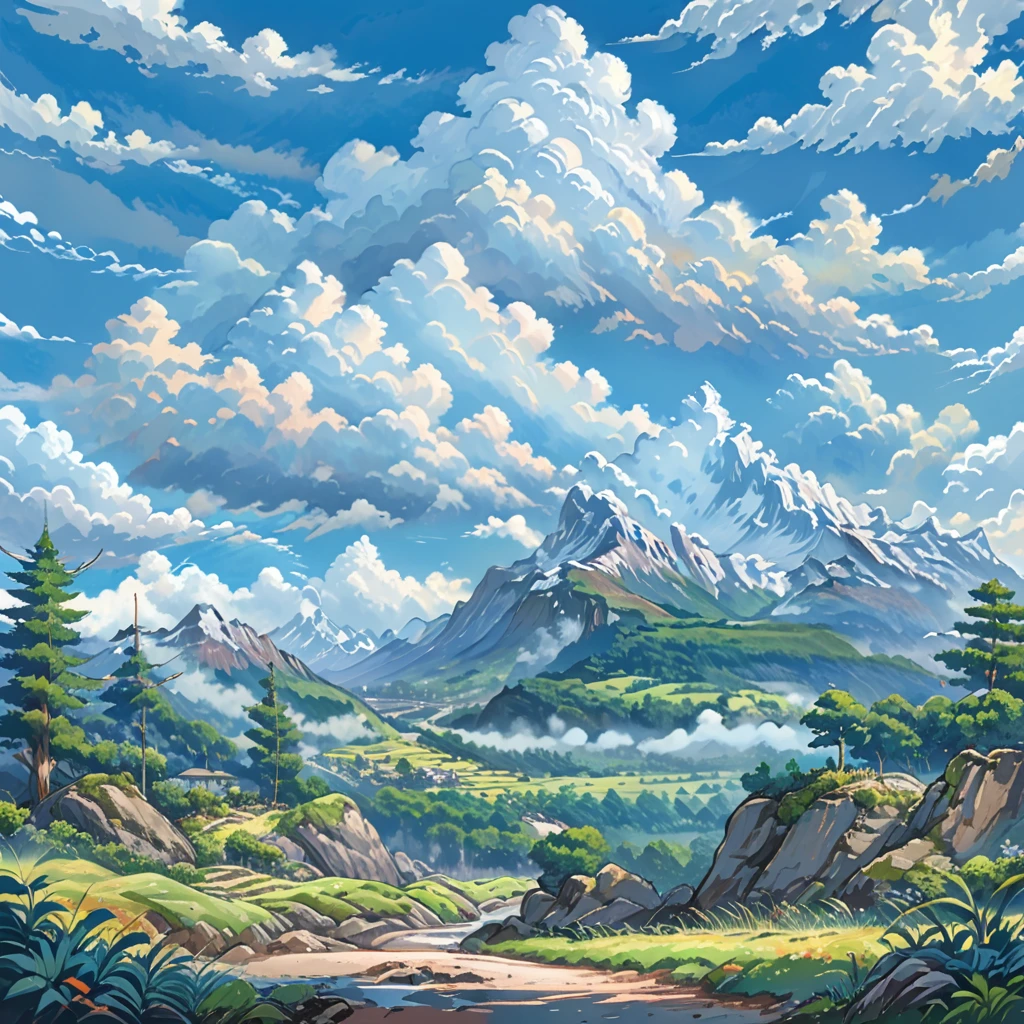 sketch, big clouds, blue sky, anime landscape, mountains, tress