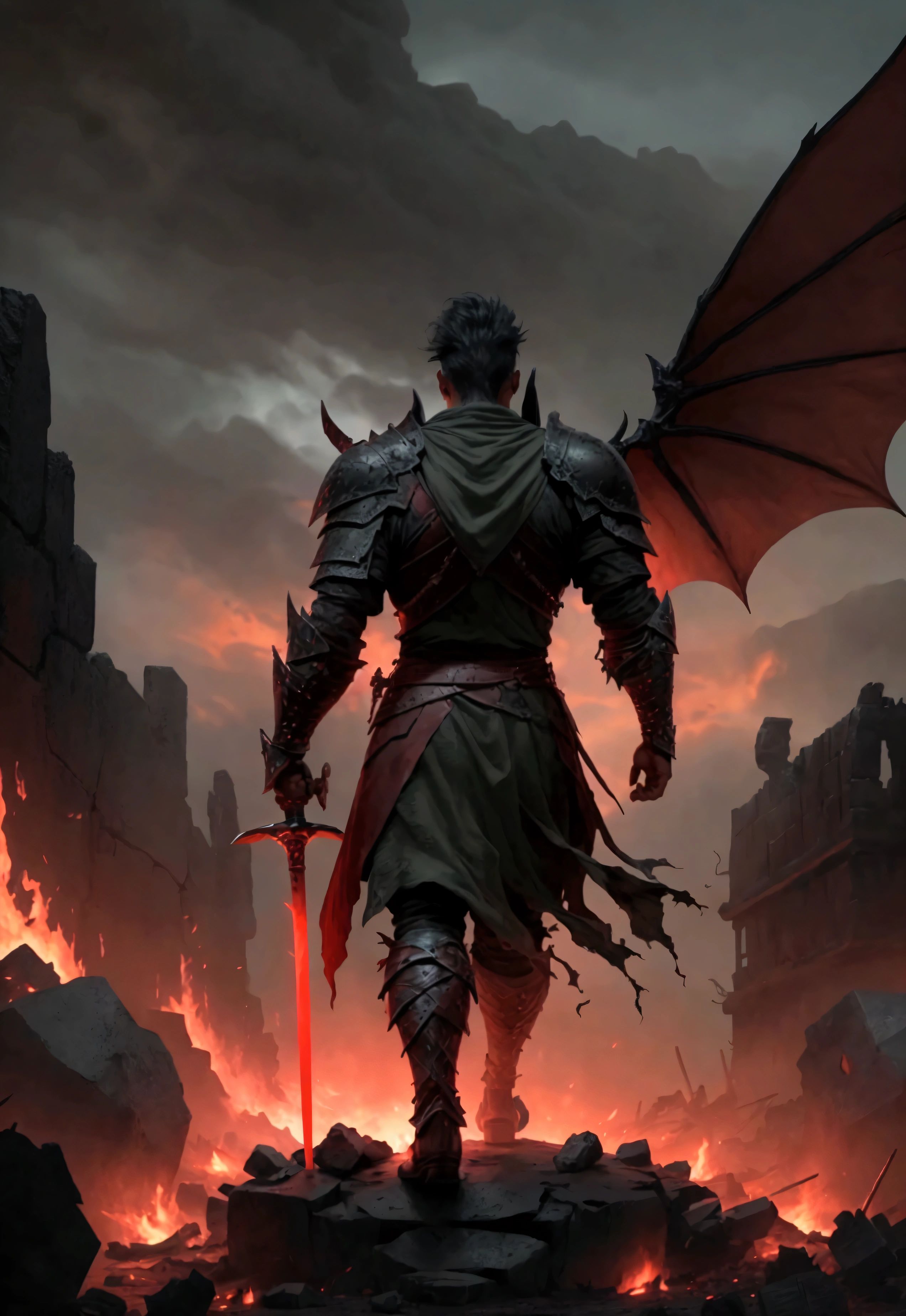 "Create a dramatic fantasy book cover featuring the back of a lone warrior standing on a burned, ashen ground, holding a sword. He faces a massive, dark green wyvern, whose menacing head looms up close in front of him. The surroundings are charred and smoky, emphasizing the aftermath of destruction. The atmosphere should be intense and foreboding, with a dark, fiery color palette. The warrior's stance is resolute, hinting at his determination and courage in the face of overwhelming danger."