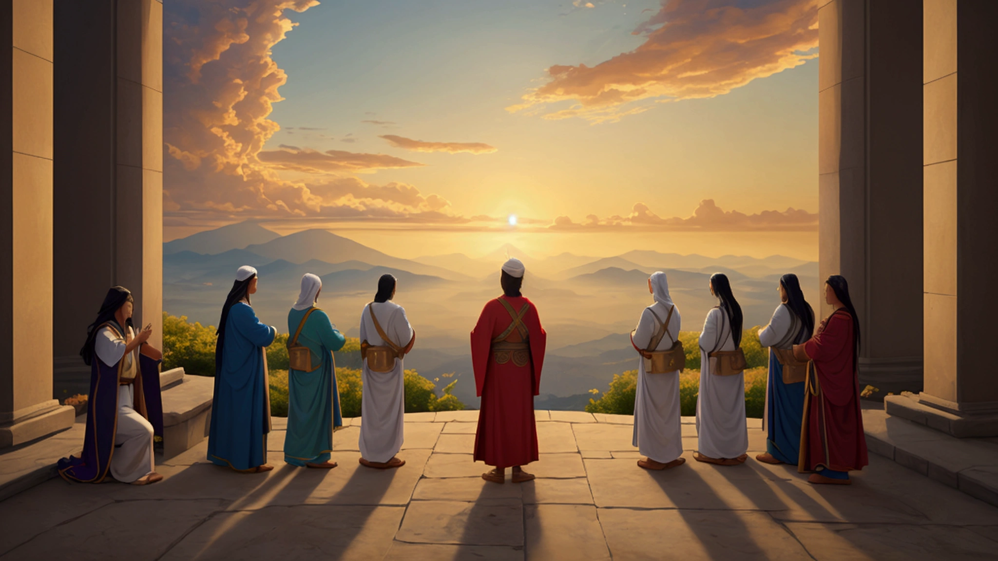 "Description: Create a visual that encapsulates the journey through biblical prophecy and its relevance to modern life. Show a harmonious blend of reflection, preparation, and hope. Details: Imagery: Depict a serene and uplifting scene where individuals are gathered in contemplation or celebration. Highlight elements of faith, community, and readiness. Color Scheme: Use soft, harmonious colors to evoke a sense of peace, hope, and completion. Background Elements: Include elements like a radiant sky, peaceful landscapes, or symbols of unity and faith to convey the culmination of the journey and the positive outlook towards the future."