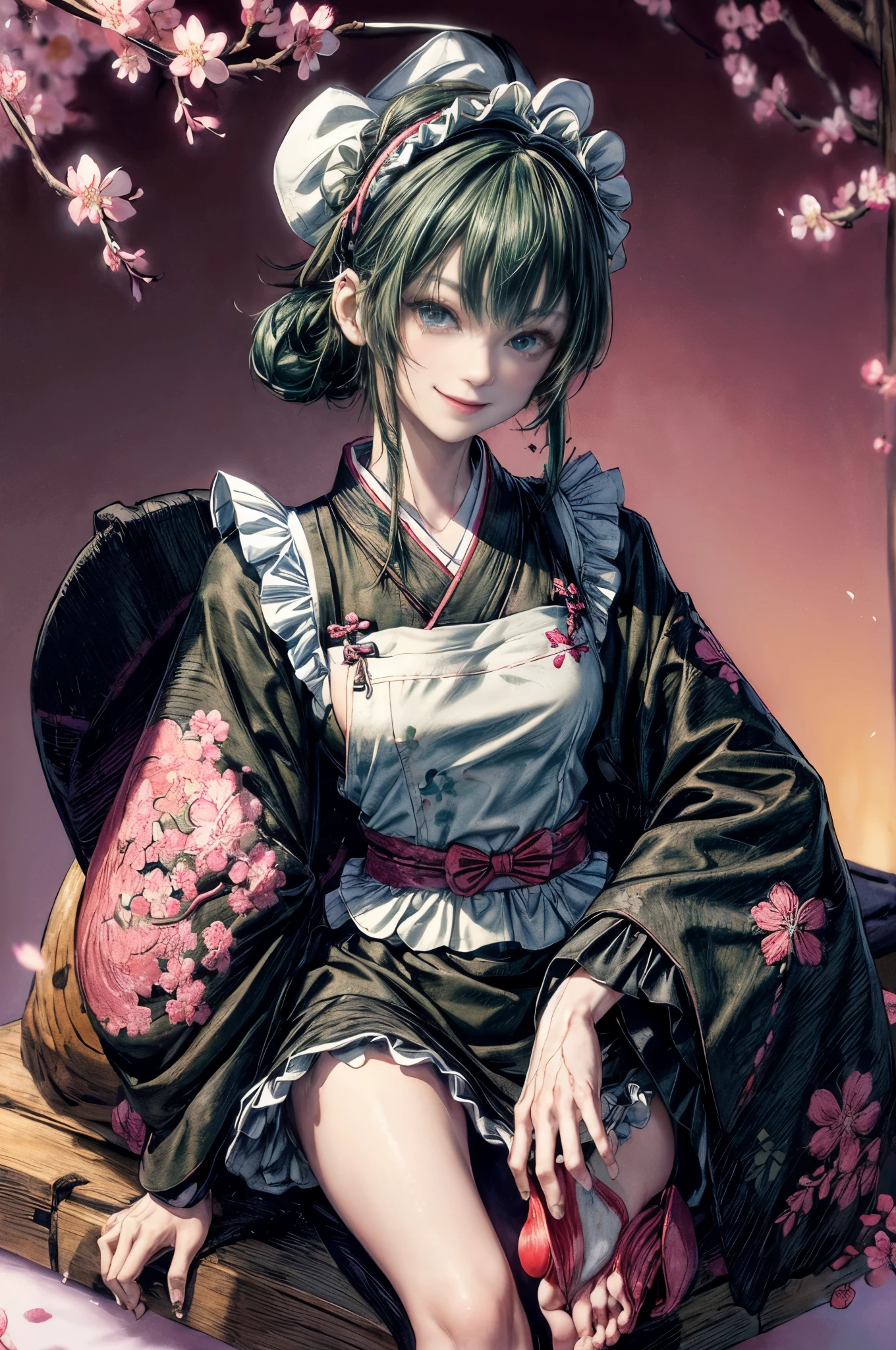 cinematic lighting、highest quality,cyberpunk world、1 female、black theme、(19 year old beauty、small breasts、slender body、blue eyes)(black and green hair、pigtail hairstyle、shoulder length hair:1.2)(Greet with a smile:1.4)、break.(Moss Green Hair)BREAK (fusion of housekeeper costume and black kimono with cherry blossom petal embroidery:1.2), (long kimono sleeve:1.3), BREAK (wearing a white half-apron over a kimono:1.3), ((white brim, maid headband) with ruffles:1.3), BREAK (Japanese clogs geta:1.2),(Highly detailed and accurate hand and foot generation、Removal of excess human body parts:1.4) stand、Morning cherry blossom viewing、(under the cherry tree、park lawn)
