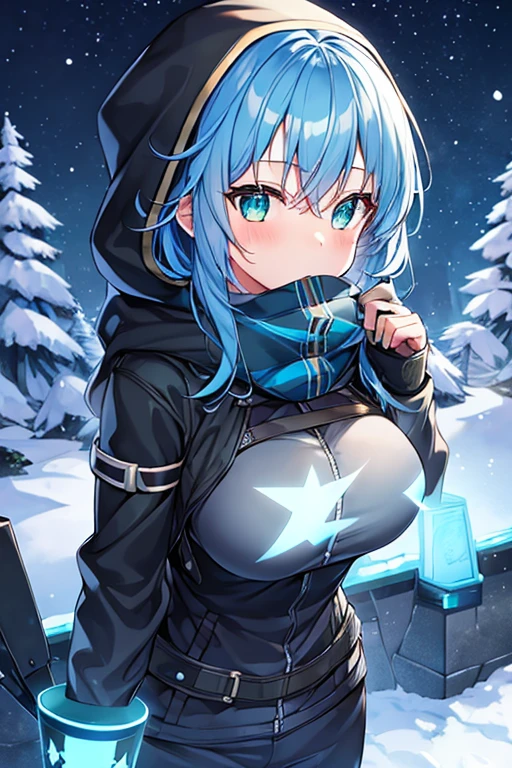 1girl, blue hair, medium hair, large breasts, breasts, green eyes, scarf, covered mouth, jacket, forest, snow, black jacket, hoddie, hooded jacket, hood on, hood up, zipper, gloves, glowing hair, glowing eyes, light blue hair, sky blue hair, night sky, sky, stars, pants, tall, hourglass figure, mature female
