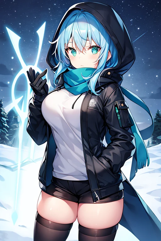 1girl, blue hair, medium hair, large breasts, breasts, green eyes, scarf, covered mouth, jacket, forest, snow, black jacket, hoddie, hooded jacket, hood on, hood up, zipper, gloves, glowing hair, glowing eyes, light blue hair, sky blue hair, night sky, sky, stars, pants, tall, hourglass figure, mature female