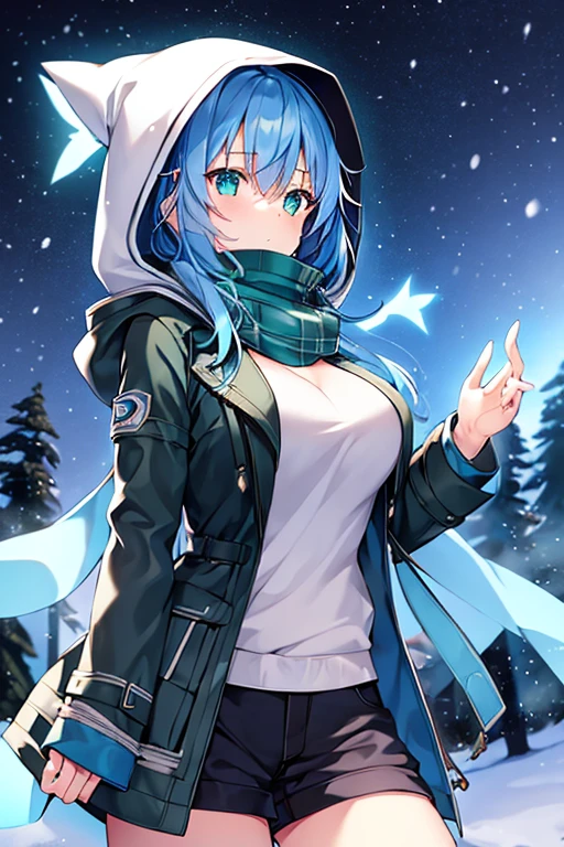 1girl, blue hair, medium hair, large breasts, breasts, green eyes, scarf, covered mouth, jacket, forest, snow, black jacket, hoddie, hooded jacket, hood on, hood up, zipper, gloves, glowing hair, glowing eyes, light blue hair, sky blue hair, night sky, sky, stars, pants, tall, hourglass figure, mature female