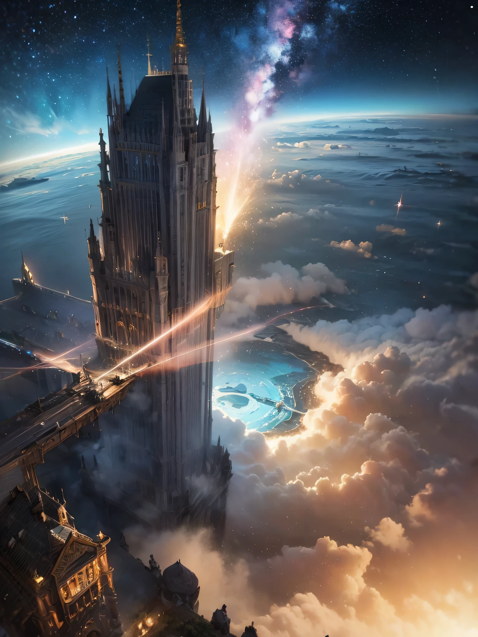 (8k, highest quality, masterpiece, final fantasy style: 1.2), (unRealistic, photoRealistic: 1.37), Dreamy landscape, Fantasy, Unsurreal landscapes, Super detailed, Flying Castle, Floating Island in the Sky, Seven-colored swirl of light, Intense lightning, milky way, Complex Light, Colored light, Large Lake, Starry sky reflected on the lake surface, Countless shining stars, Meteors,  Reflections , (A pillar of light emanated from the ground:1,2),heavenly roses and orchids gardens on the ground , sunset, pink clouds, waterfall in the sky, realistic style, Hyperrealism drawing, a flying pirate spaceship floating at the clouds level, burning skyscrapers, cyborgs, timeless realms, stunning  princess  , floating hair, pink lipstick, cute,  shoulders ,  circlet, sideless, backless, white mage robe, white leotard, pelvic curtain, leaning forward, casting spell, healing light magic effect, in a magical lagoon of the fairyland, crystal clear water surface reflections, sharp focus, looking at viewer, (close-up:0.9), (bright white theme:1.2), (bright white tone:1.2), (deep blue tone:1.3), realistic, Hyperrealism,