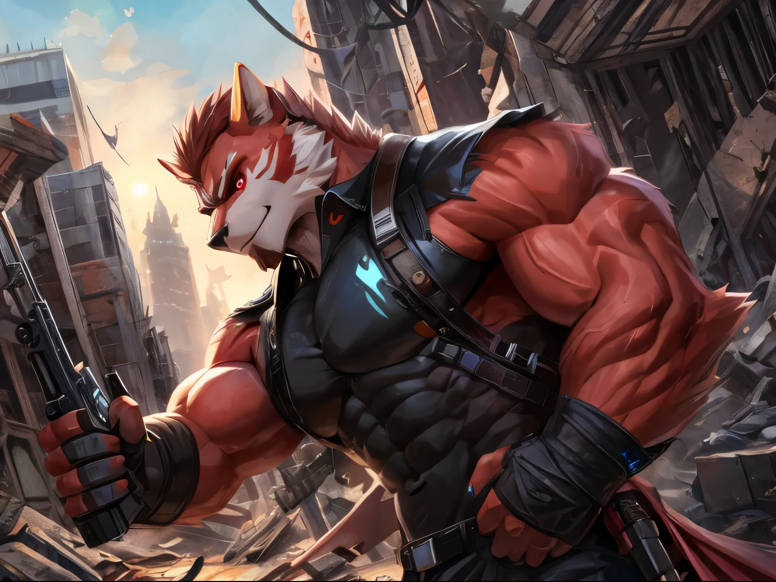 Furry, a android, masculine, Red eyes, Muscular, Hold the gun, In the ruined city, Looking and pointing straight ahead