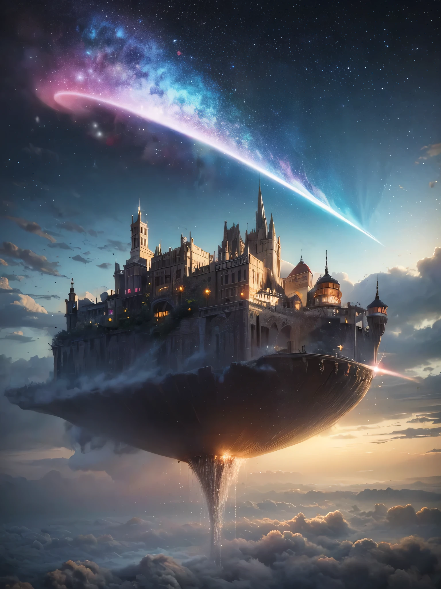 (8k, highest quality, masterpiece, final fantasy style: 1.2), (unRealistic, photoRealistic: 1.37), Dreamy landscape, Fantasy, Unsurreal landscapes, Super detailed, Flying Castle, Floating Island in the Sky, Seven-colored swirl of light, Intense lightning, milky way, Complex Light, Colored light, Large Lake, Starry sky reflected on the lake surface, Countless shining stars, Meteors,  Reflections , (A pillar of light emanated from the ground:1,2),heavenly roses and orchids gardens on the ground , sunset, pink clouds, waterfall in the sky, realistic style, Hyperrealism drawing, a flying pirate spaceship floating at the clouds level, burning skyscrapers, cyborgs, timeless realms, stunning  princess  , floating hair, pink lipstick, cute,  shoulders ,  circlet, sideless, backless, white mage robe, white leotard, pelvic curtain, leaning forward, casting spell, healing light magic effect, in a magical lagoon of the fairyland, crystal clear water surface reflections, sharp focus, looking at viewer, (close-up:0.9), (bright white theme:1.2), (bright white tone:1.2), (deep blue tone:1.3), realistic, Hyperrealism,