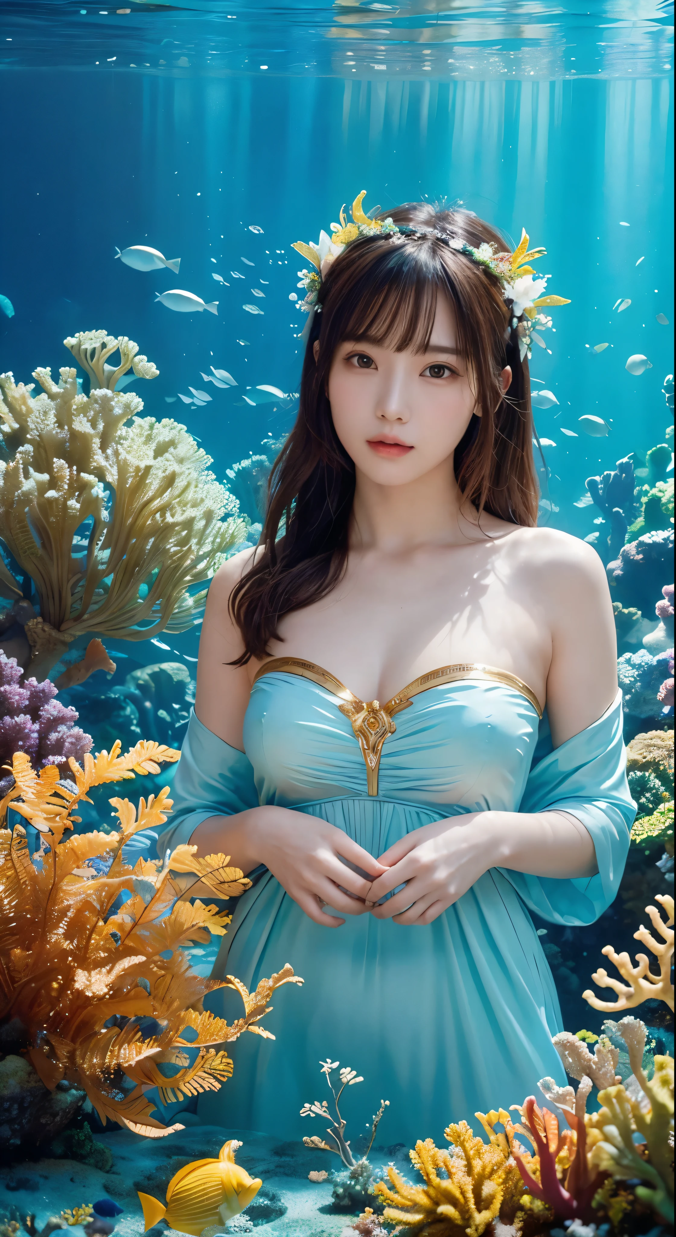 (masterpiece、Highest quality:1.2)、Super Detail、Cinematic lighting、HDR、Underwater world、The Goddess as her habitat in the sea、colorful、Beautiful monk、Mystery、Very detailed、High contrast、Golden ratio composition、Magnificent view、masterpiece、