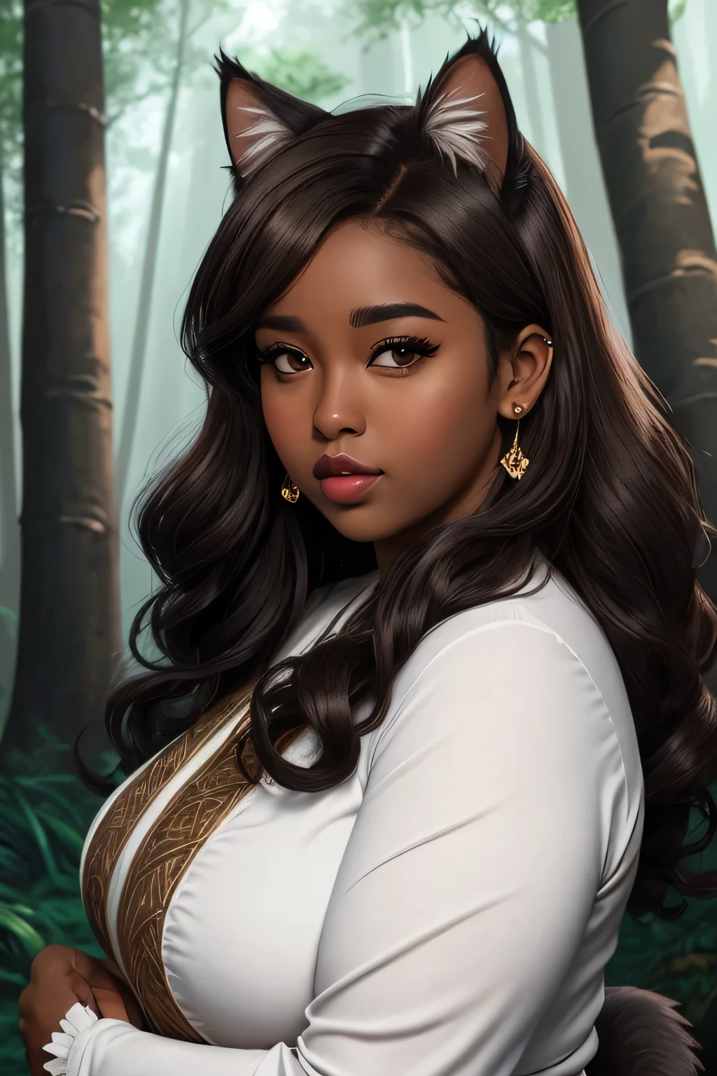 illustration semi-realistic of dark brown skin latina girl, 25 year old, plus size, curvy, overweight, black eyes, black curly hair, big lips, anime, sleek design, cat ears, brown skin, dark skin, sideswept hairstyle, round face, fantasy clothing, forest background, wearing fantasy outfit, chubby face,