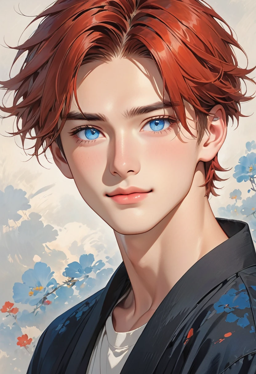 imagine an 18-year-old boy with a height of 180 cm, short and tousled red hair, round blue eyes, a long forehead and a strong jawline with a masculine look, a straight nose and thin lips with a small dimple on his cheek.
