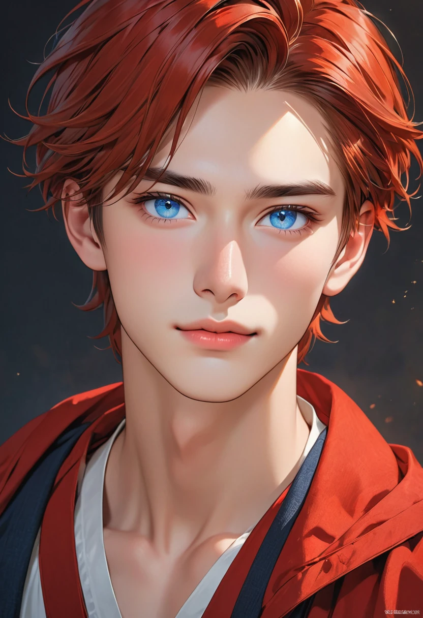 imagine an 18-year-old boy with a height of 180 cm, short and tousled red hair, round blue eyes, a long forehead and a strong jawline with a masculine look, a straight nose and thin lips with a small dimple on his cheek.
