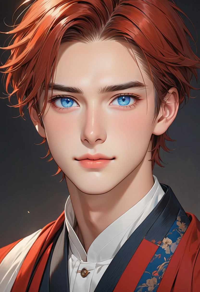 imagine an 18-year-old boy with a height of 180 cm, short and tousled red hair, round blue eyes, a long forehead and a strong jawline with a masculine look, a straight nose and thin lips with a small dimple on his cheek.