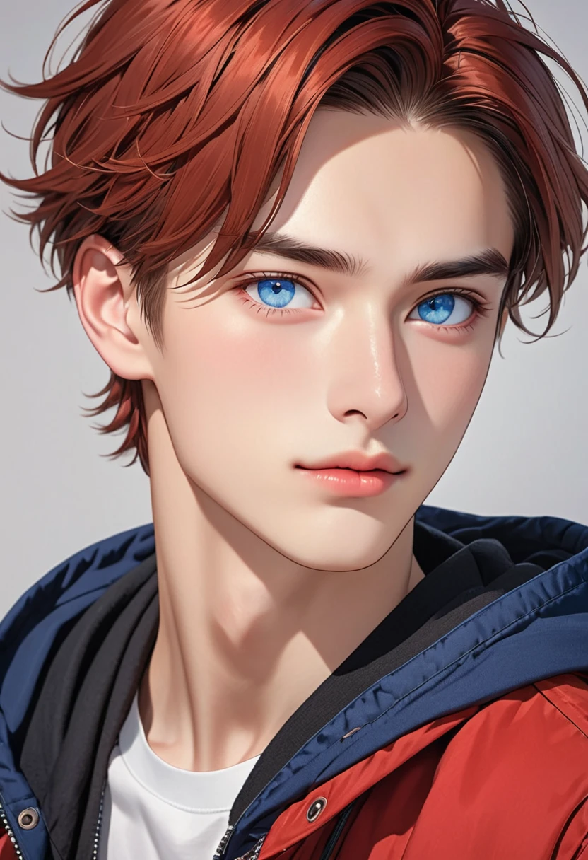 imagine an 18-year-old boy with a height of 180 cm, short and tousled red hair, round blue eyes, a long forehead and a strong jawline with a masculine look,  a straight nose and thin lips with a small dimple on his cheek. 