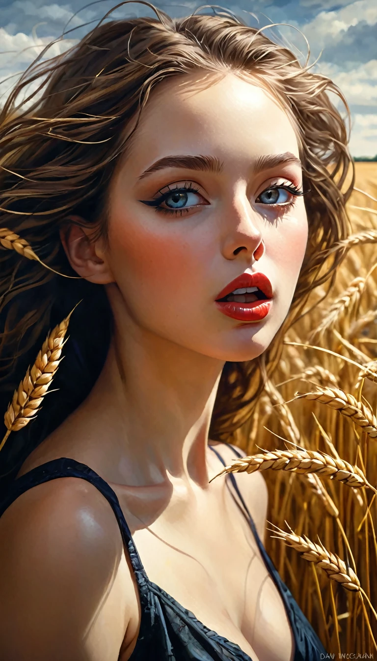 a sexy girl in the middle of a wheat field, very long brown hair, looking down on, cum_in_mouth, cum_on_tongue, facial, bukkake, emotional impact,(best quality,4k,8k,highres,masterpiece:1.2),ultra-detailed,(realistic,photorealistic,photo-realistic:1.37),intricate details,vivid colors,sharp focus,professional,Dave McKean artwork, oil touch of surrealism,oil painting style,portrait,woman,beautiful detailed eyes,beautiful detailed lips,dreamlike atmosphere,shadow play,soft lighting,playful pose,dark hues,ethereal background,fantasy elements,texture,layered composition.