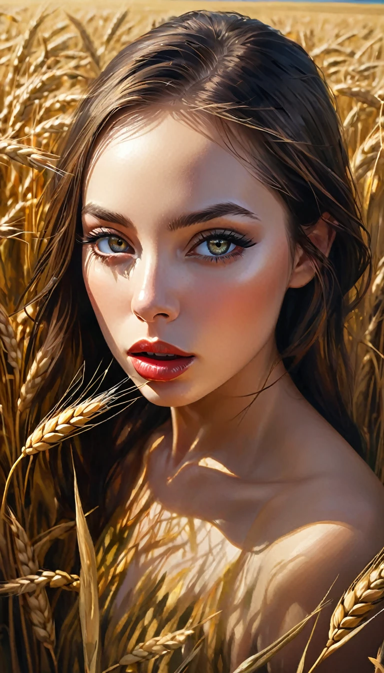 a sexy girl in the middle of a wheat field, very long brown hair, looking down on, cum_in_mouth, cum_on_tongue, facial, bukkake, emotional impact,(best quality,4k,8k,highres,masterpiece:1.2),ultra-detailed,(realistic,photorealistic,photo-realistic:1.37),intricate details,vivid colors,sharp focus,professional,Dave McKean artwork, oil touch of surrealism,oil painting style,portrait,woman,beautiful detailed eyes,beautiful detailed lips,dreamlike atmosphere,shadow play,soft lighting,playful pose,dark hues,ethereal background,fantasy elements,texture,layered composition.