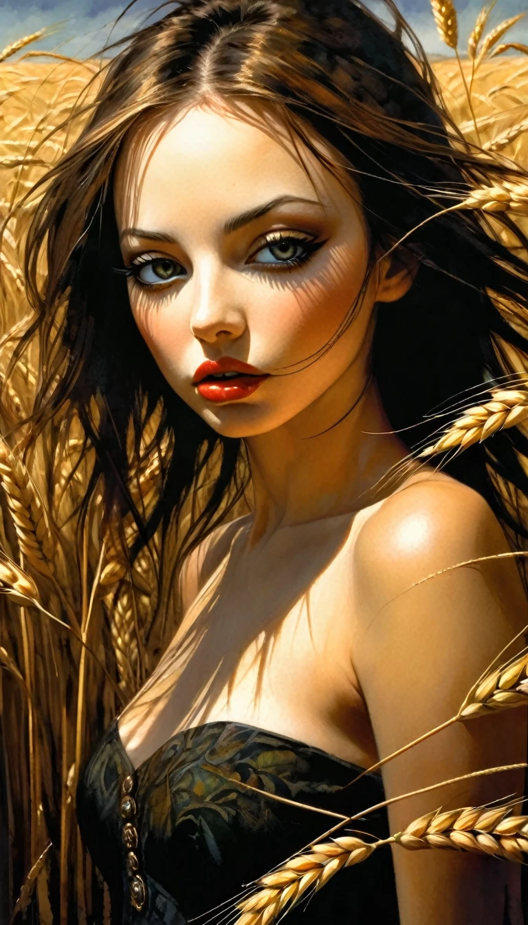 a sexy girl in the middle of a wheat field, very long brown hair, looking down on, cum_in_mouth, cum_on_tongue, facial, bukkake, emotional impact,(best quality,4k,8k,highres,masterpiece:1.2),ultra-detailed,(realistic,photorealistic,photo-realistic:1.37),intricate details,vivid colors,sharp focus,professional,Dave McKean artwork, oil touch of surrealism,oil painting style,portrait,woman,beautiful detailed eyes,beautiful detailed lips,dreamlike atmosphere,shadow play,soft lighting,playful pose,dark hues,ethereal background,fantasy elements,texture,layered composition.