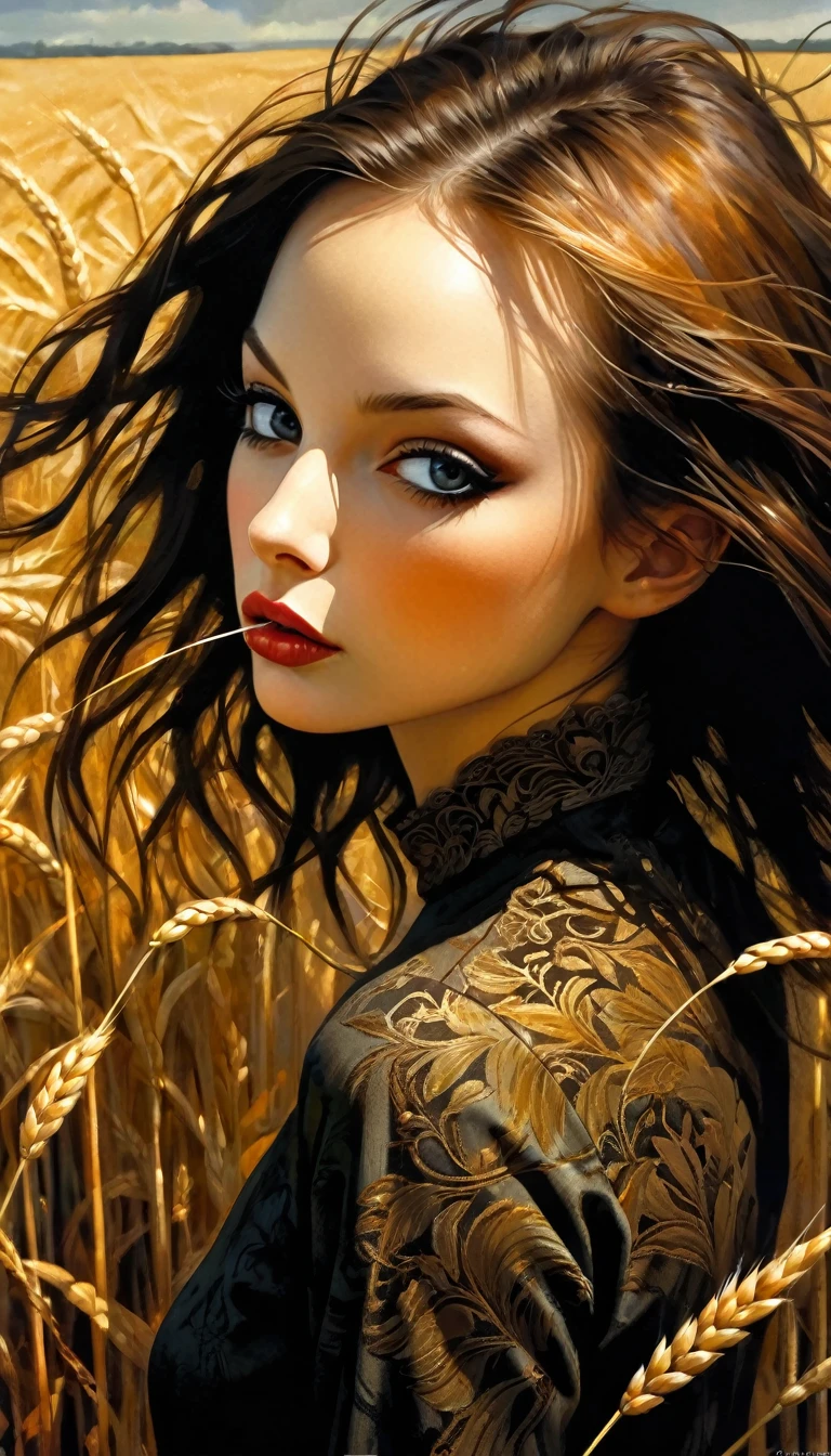 a sexy girl in the middle of a wheat field, very long brown hair, looking down on, cum_in_mouth, cum_on_tongue, facial, bukkake, emotional impact,(best quality,4k,8k,highres,masterpiece:1.2),ultra-detailed,(realistic,photorealistic,photo-realistic:1.37),intricate details,vivid colors,sharp focus,professional,Dave McKean artwork, oil touch of surrealism,oil painting style,portrait,woman,beautiful detailed eyes,beautiful detailed lips,dreamlike atmosphere,shadow play,soft lighting,playful pose,dark hues,ethereal background,fantasy elements,texture,layered composition.