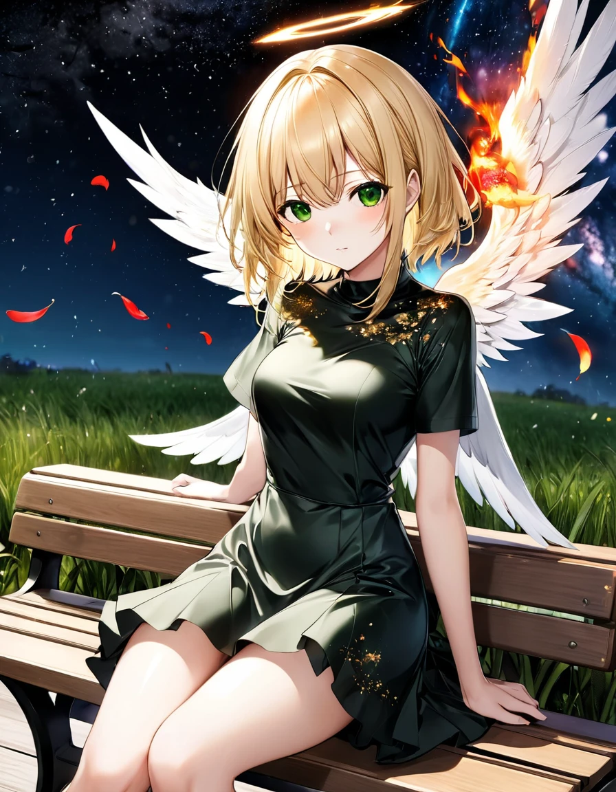 fubuki + Angel with blonde hair, red ends, shiny, smooth and silky fire, striking green eyes and elegant short dress in gold black colors with a ha ha ha print sitting facing forward on a bench with a galaxy in the background falling black petals super quality perfect anime 2.5D death note style strong strokes manga realistic quality niji 6v ultra detailed graphics