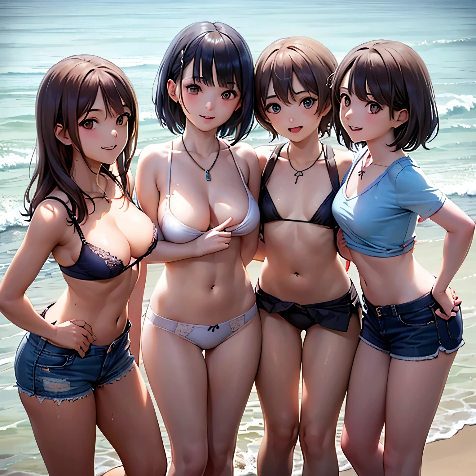 ((highest quality)), ((masterpiece)), (cute baby girl), (3 girls:1.8), cute three girls are posing for a camera outdoors in the water, shirtをつかむ, stand in line, (Close-up shot from the knee:1.3), perfect face, smile, (open your mouth and laugh:1.3), shy look, (Precise fingers:1.3), hair band, headband, hair bobbles, blouse, shirt, I can see my underwear, (pastel colored underwear), high definition eyes, precise eyes, (high definition eyes:1.8), (high definition finger 1.8), light smile, small breasts, breasts, realistic, 4 years old, 5 years old, 6 years old, 7 years old, knee socks, short skirt, Asian, Westerner, silver hair, brown hair, blond hair, navel, jewelry, looking at viewer, necklace, water, small breasts, wet, long hair, short hair, abs, showing breasts, nipple, NFSW, exposed breasts,