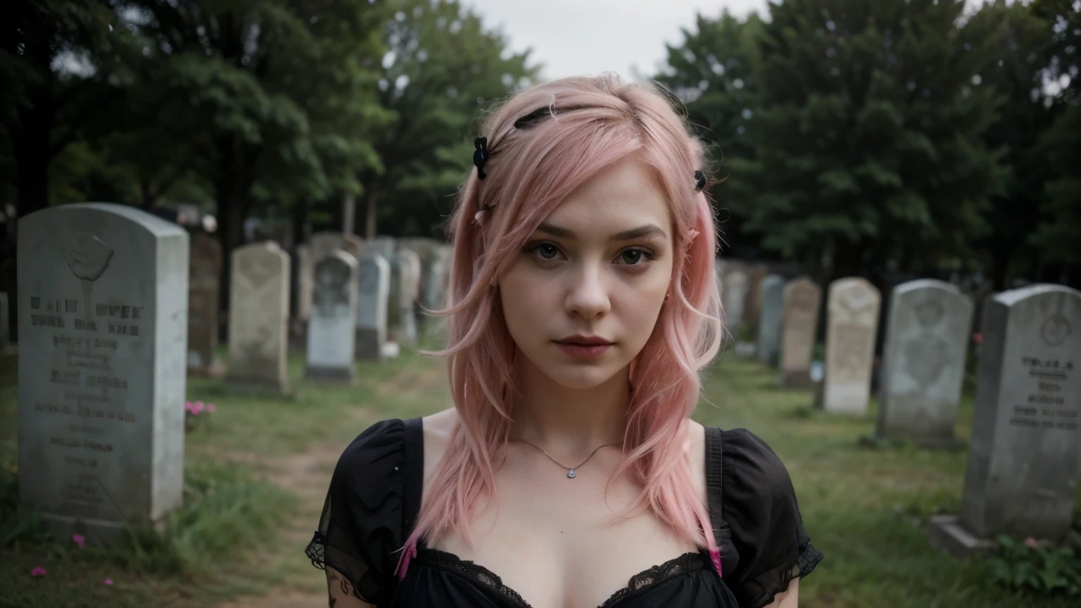 ((best quality)), ((masterpiece)), (detailed), goth, graveyard, girl, sad, cute, bright pink hair

