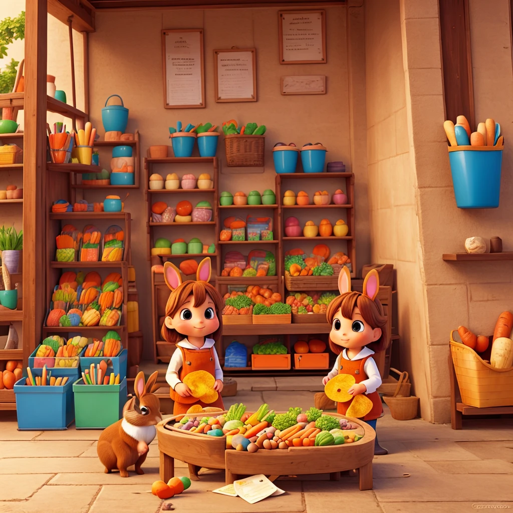 Make a coloring drawing with two cute rabbits buying carrots, they should be in a market.